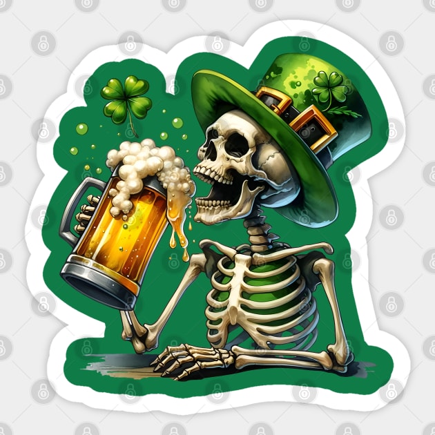 St. Patrick's Skeleton Toasting Beer Sticker by Science Busters Podcast